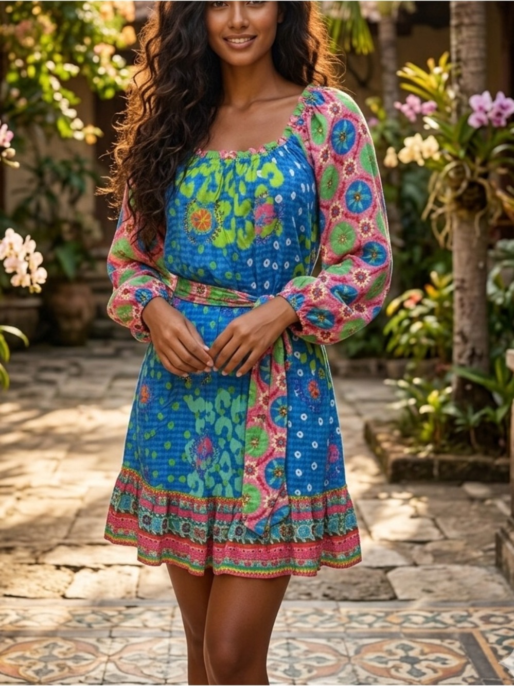 Lula Soul Vivid Blue & Pink Floral Peasant Dress size small